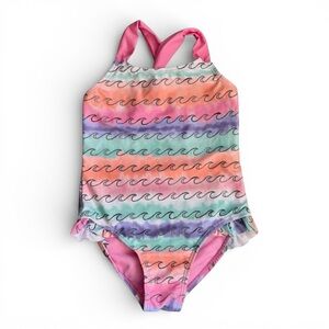 Breaking Waves Little Girl One Piece Wave Print Pink Blue Orange Swimsuit Size 5